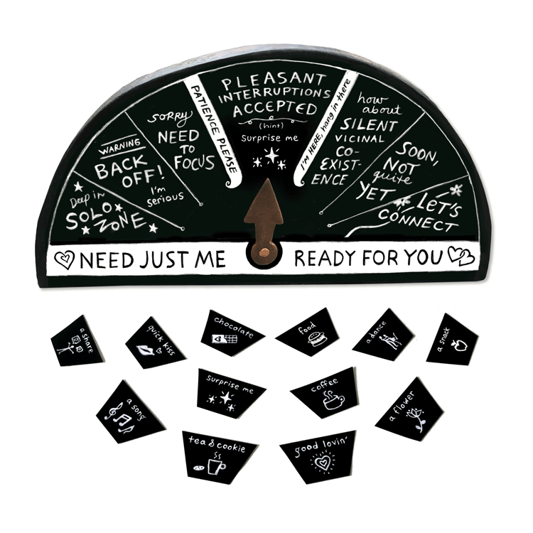 Animated image of the Quality Connect-O-Meter, a humor gift dial by Limor Farber, Monster Mom Comics